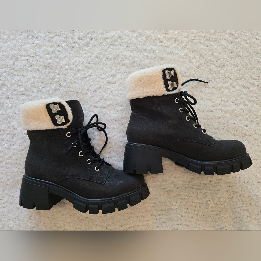 MIA Fur Black and Cream Lace-Up Boots